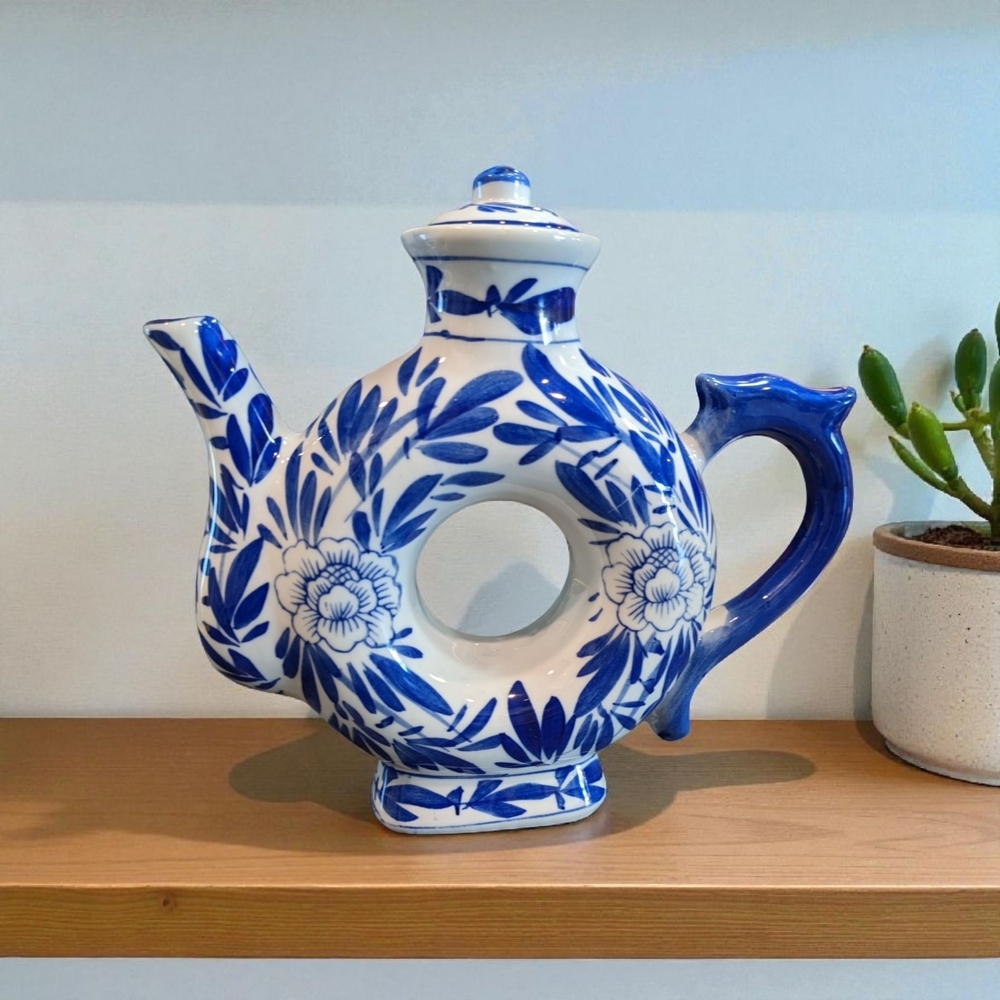 Blue and White Floral Porcelain Teapot